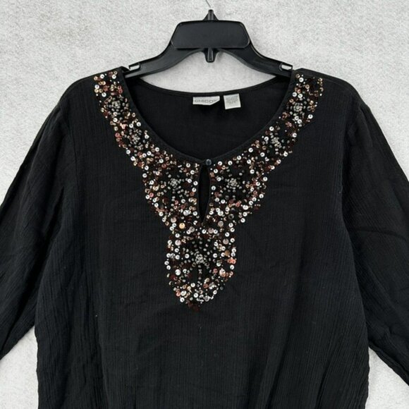 Chicos Top 3 (XL) Pullover Gauzy Sheer Black Elastic Waist Sequins Beaded Blouse - Picture 5 of 16